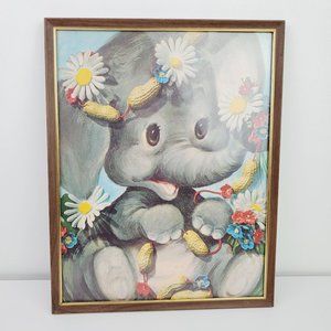 Vintage 1970's Nursery Art Lot Framed Big Animal Elephant & Tiger Kitty
